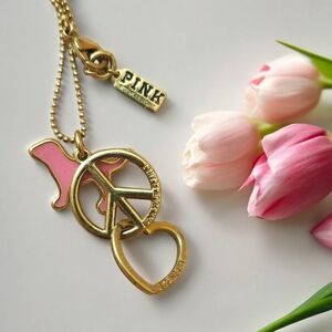 Victoria's Secret PINK Gold-Tone Peace, Heart, and Dog Charm Necklace 30" Signed